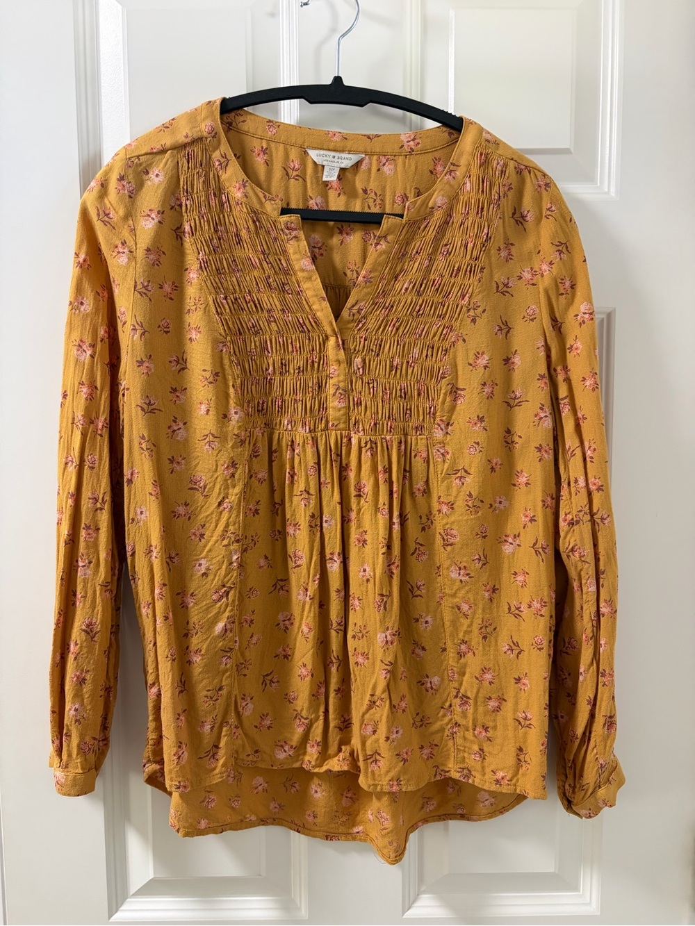 Lucky Mustard Floral Smocked Peasant Blouse